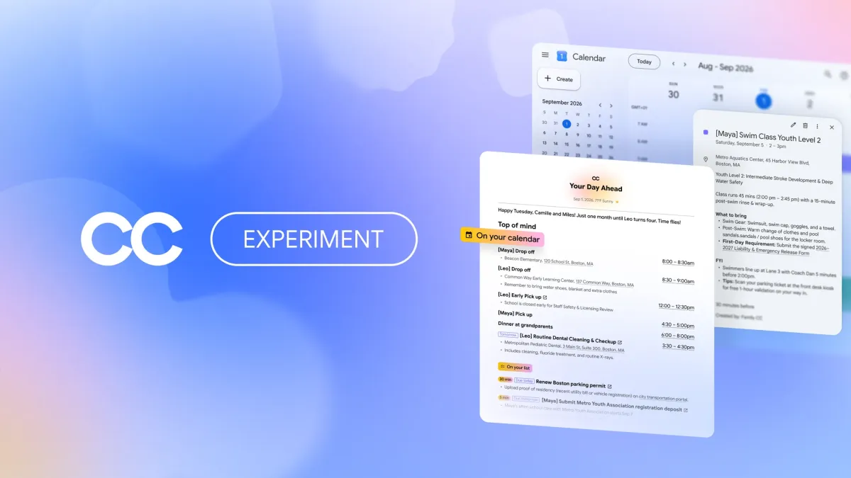 Google CC yapay zeka ajanı aile takvim ekranı