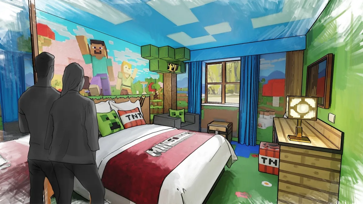 Minecraft temalı otel ve hız treni konsept görseli