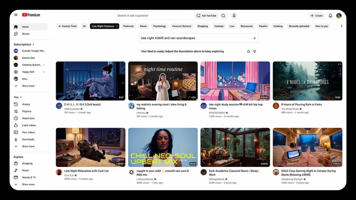 YouTube uygulamasında yapay zeka destekli özel akış ekranı