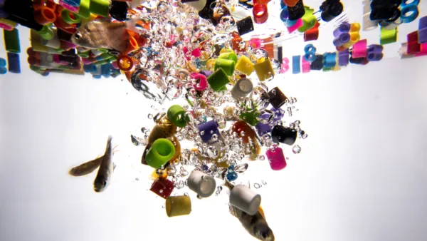 Suda yüzen küçük mikroplastik parçacıkları yakın çekim