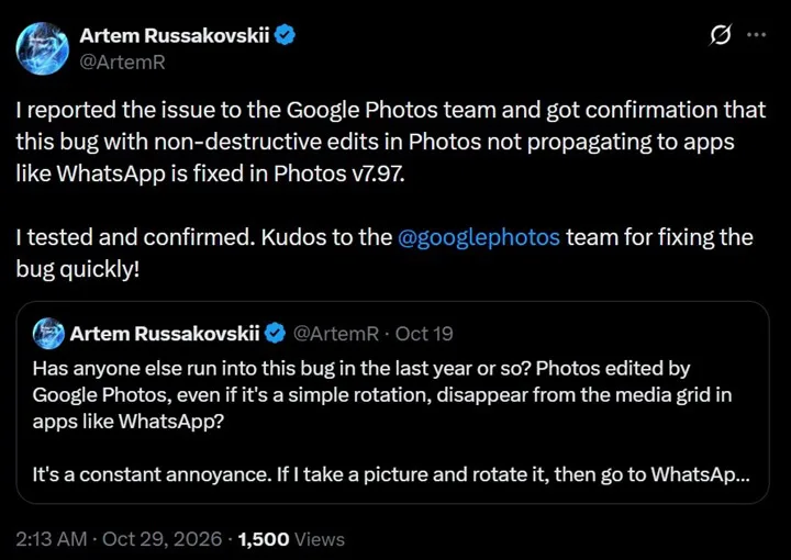 Google Photos bug hiding edited pictures fixed