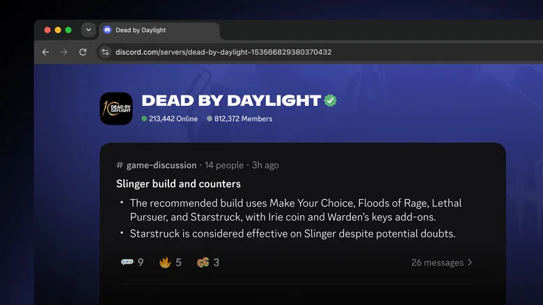 Dead by Daylight Discord topluluğunun sunucu web sayfasının 'oyun tartışması' kanalından bir özet görüntüleyen ekran görüntüsü.
